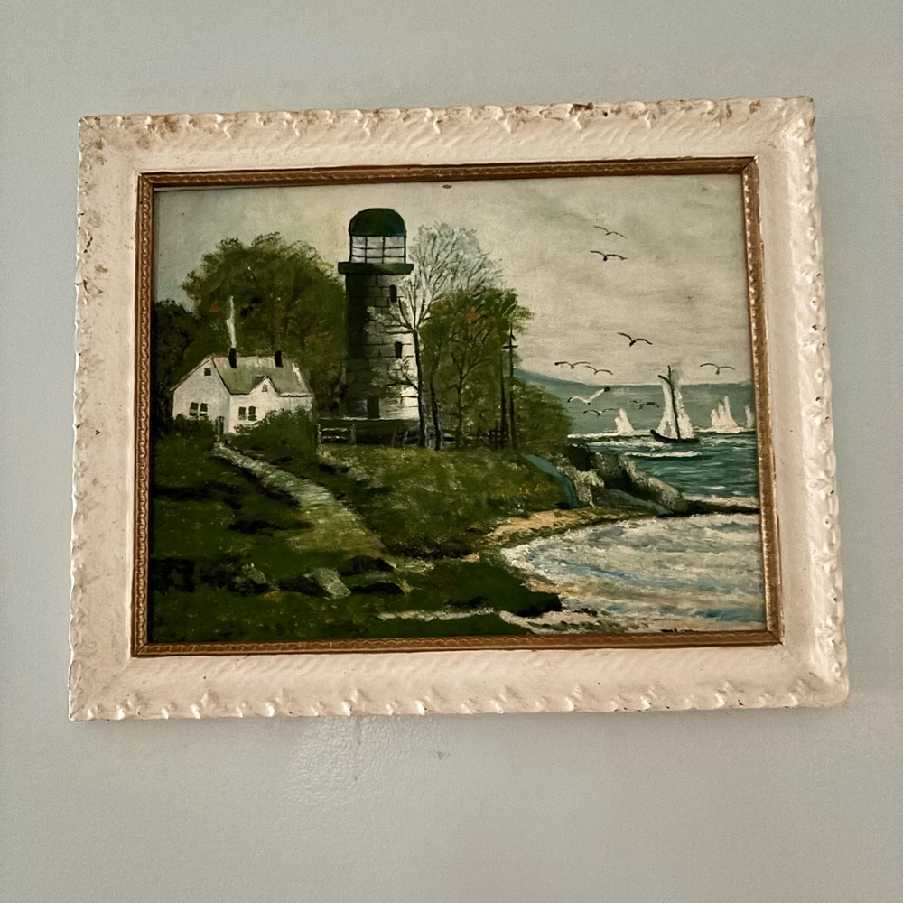 Framed Lighthouse Landscape Painting